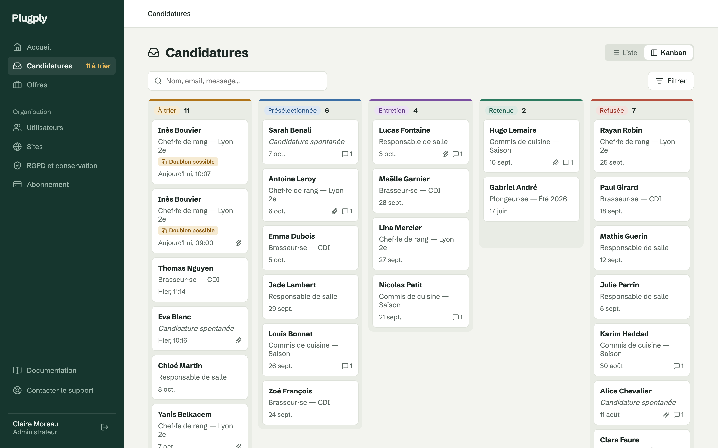 Kanban view of applications: one column per status, from “To review” to “Rejected”.