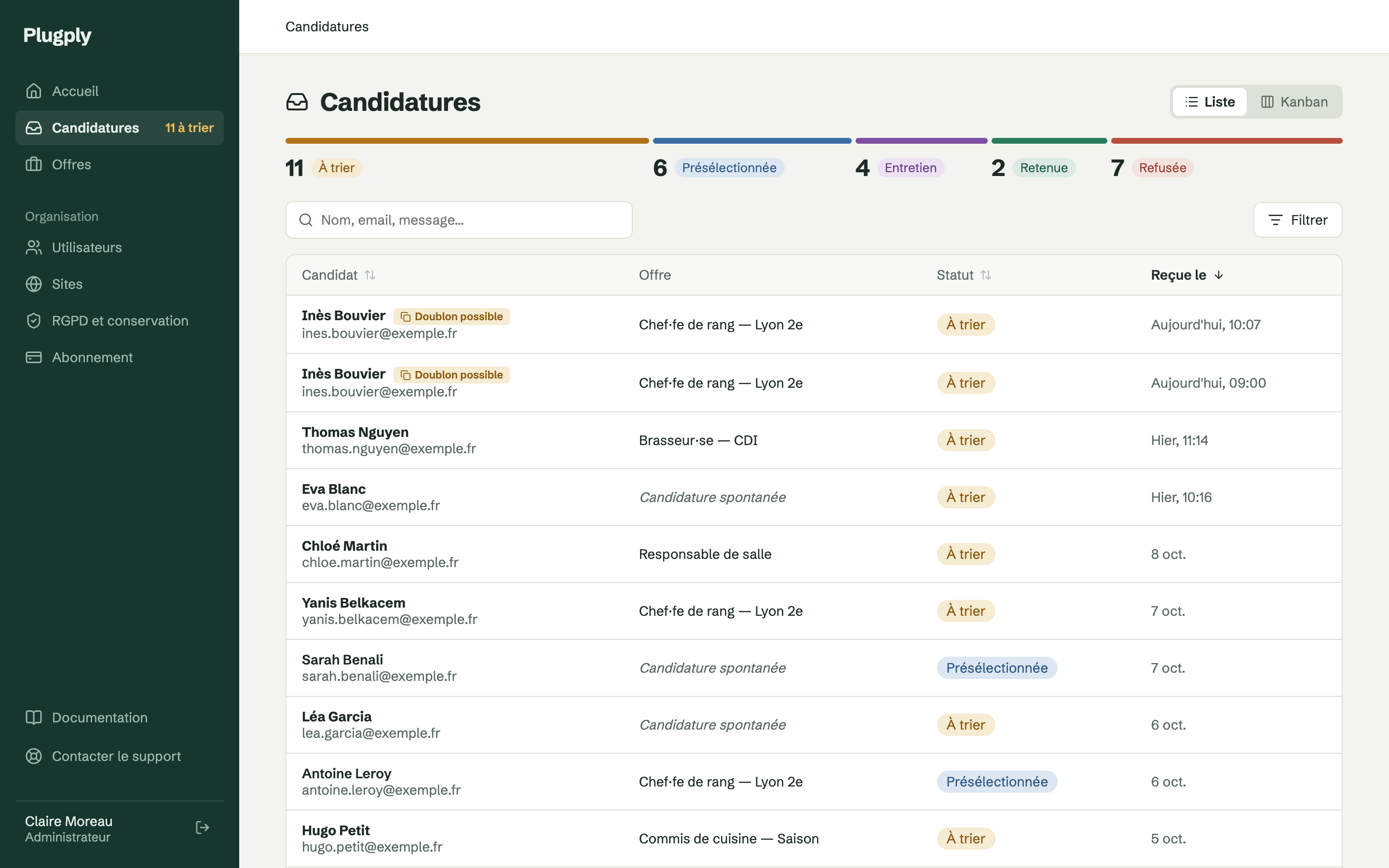 Application list in Plugply: candidate name, job, status and date received.